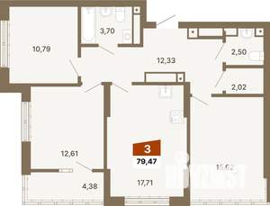 3-к квартира, строящийся дом, 79м2, 22/23 этаж