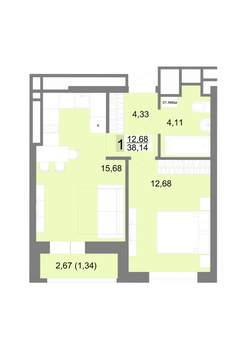 1-к квартира, строящийся дом, 38м2, 20/22 этаж
