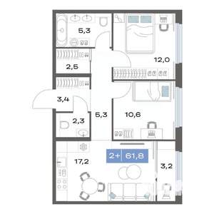 2-к квартира, строящийся дом, 62м2, 16/17 этаж