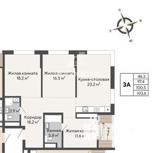 3-к квартира, вторичка, 97м2, 7/24 этаж