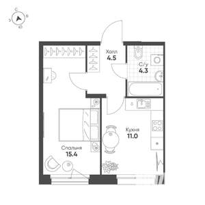 1-к квартира, строящийся дом, 35м2, 4/16 этаж