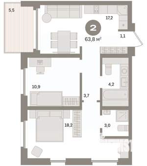 2-к квартира, вторичка, 64м2, 18/24 этаж