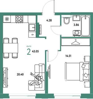 2-к квартира, строящийся дом, 43м2, 5/24 этаж