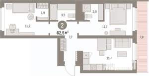 2-к квартира, вторичка, 62м2, 8/9 этаж