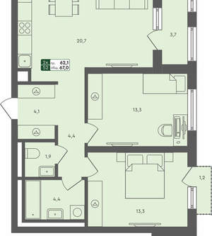 2-к квартира, вторичка, 67м2, 3/4 этаж