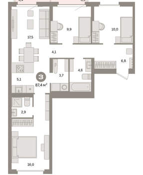 3-к квартира, вторичка, 87м2, 4/16 этаж