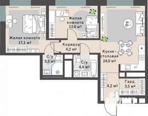 2-к квартира, строящийся дом, 74м2, 13/29 этаж