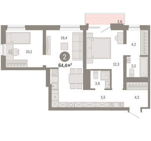 2-к квартира, вторичка, 64м2, 7/8 этаж