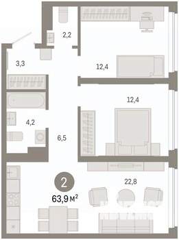 2-к квартира, вторичка, 64м2, 3/8 этаж