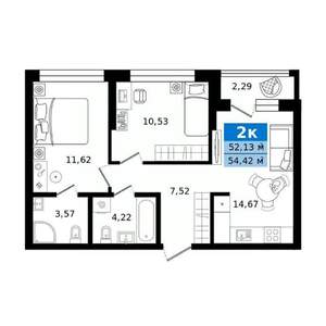 2-к квартира, строящийся дом, 54м2, 13/25 этаж