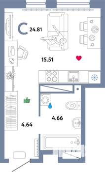 Студия квартира, строящийся дом, 25м2, 32/32 этаж