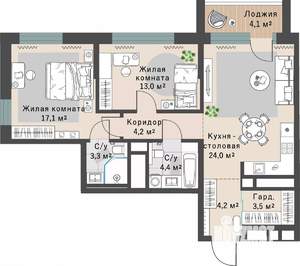 2-к квартира, строящийся дом, 76м2, 19/29 этаж