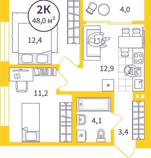 2-к квартира, вторичка, 46м2, 23/32 этаж