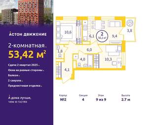 2-к квартира, вторичка, 53м2, 9/9 этаж