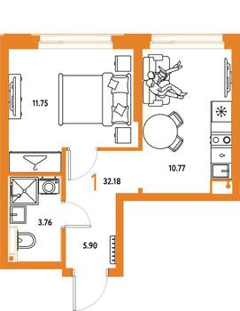1-к квартира, строящийся дом, 32м2, 5/24 этаж