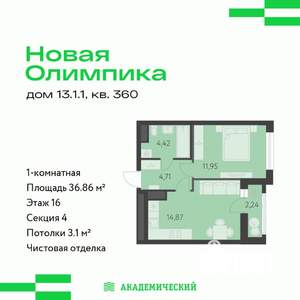 1-к квартира, вторичка, 37м2, 16/16 этаж