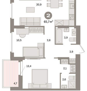2-к квартира, вторичка, 66м2, 14/16 этаж