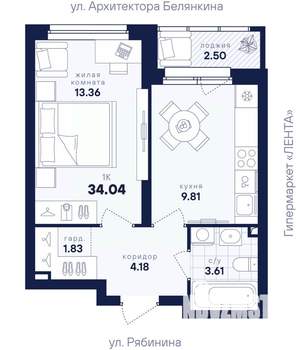 1-к квартира, вторичка, 34м2, 2/26 этаж