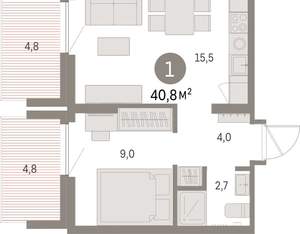 1-к квартира, вторичка, 41м2, 6/9 этаж