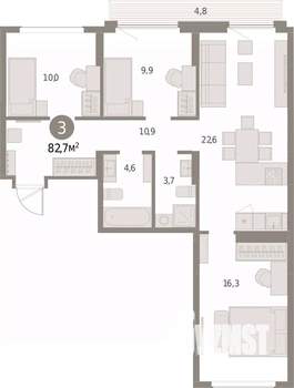 3-к квартира, вторичка, 83м2, 8/9 этаж