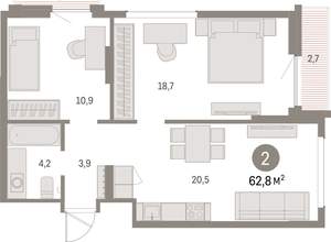 2-к квартира, вторичка, 63м2, 6/9 этаж