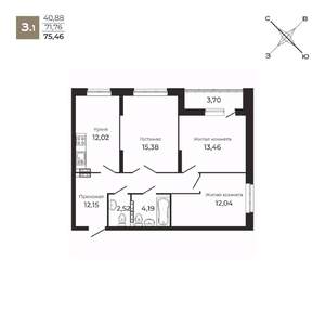 3-к квартира, строящийся дом, 75м2, 14/25 этаж