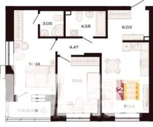 2-к квартира, вторичка, 64м2, 2/30 этаж