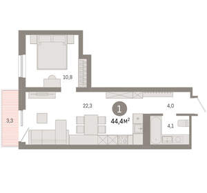 1-к квартира, вторичка, 44м2, 6/8 этаж