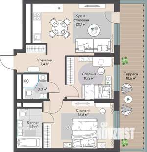 2-к квартира, вторичка, 70м2, 2/22 этаж