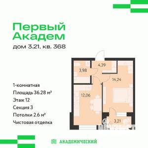 1-к квартира, вторичка, 36м2, 12/17 этаж