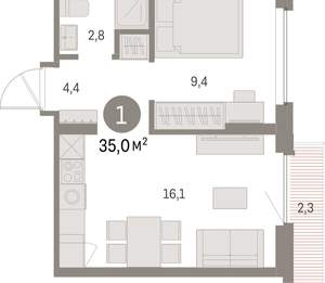 1-к квартира, вторичка, 35м2, 8/9 этаж