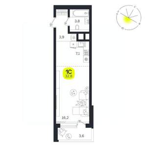 1-к квартира, вторичка, 33м2, 7/27 этаж