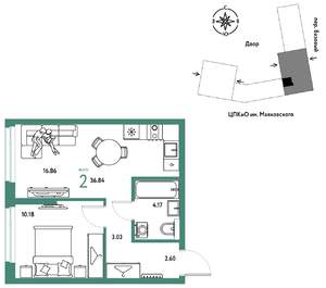 2-к квартира, строящийся дом, 37м2, 15/25 этаж