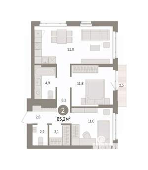 2-к квартира, вторичка, 65м2, 5/16 этаж