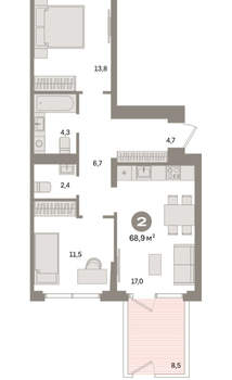 2-к квартира, вторичка, 69м2, 2/16 этаж