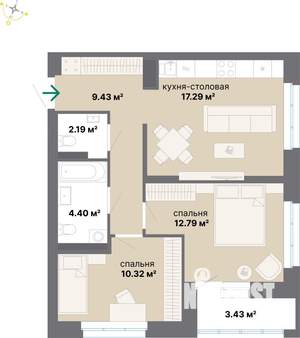 2-к квартира, строящийся дом, 60м2, 13/26 этаж