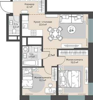 2-к квартира, вторичка, 63м2, 3/18 этаж