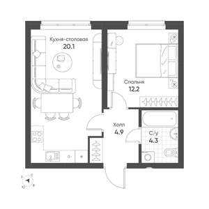 1-к квартира, строящийся дом, 42м2, 4/16 этаж