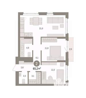 2-к квартира, вторичка, 65м2, 3/16 этаж