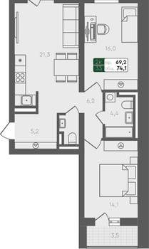 2-к квартира, вторичка, 74м2, 4/2 этаж
