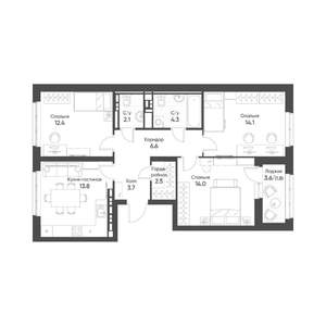 3-к квартира, строящийся дом, 75м2, 12/15 этаж