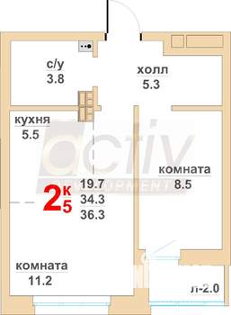 2-к квартира, вторичка, 36м2, 12/16 этаж
