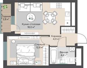 1-к квартира, строящийся дом, 41м2, 22/22 этаж