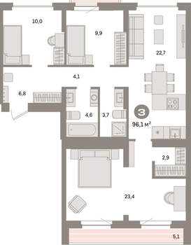 3-к квартира, вторичка, 96м2, 8/9 этаж