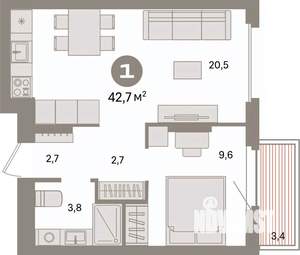 1-к квартира, вторичка, 43м2, 7/9 этаж