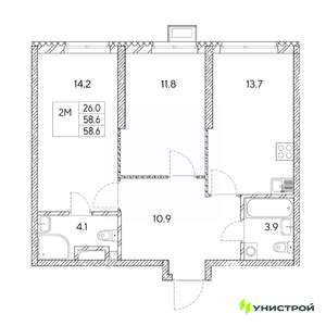 2-к квартира, вторичка, 59м2, 17/31 этаж