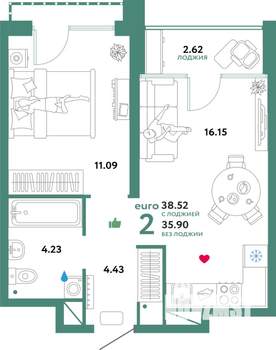 2-к квартира, строящийся дом, 39м2, 26/32 этаж
