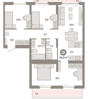 3-к квартира, вторичка, 94м2, 9/16 этаж