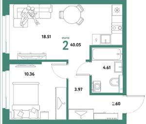 2-к квартира, строящийся дом, 40м2, 15/21 этаж