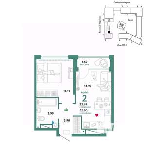 2-к квартира, вторичка, 34м2, 14/32 этаж
